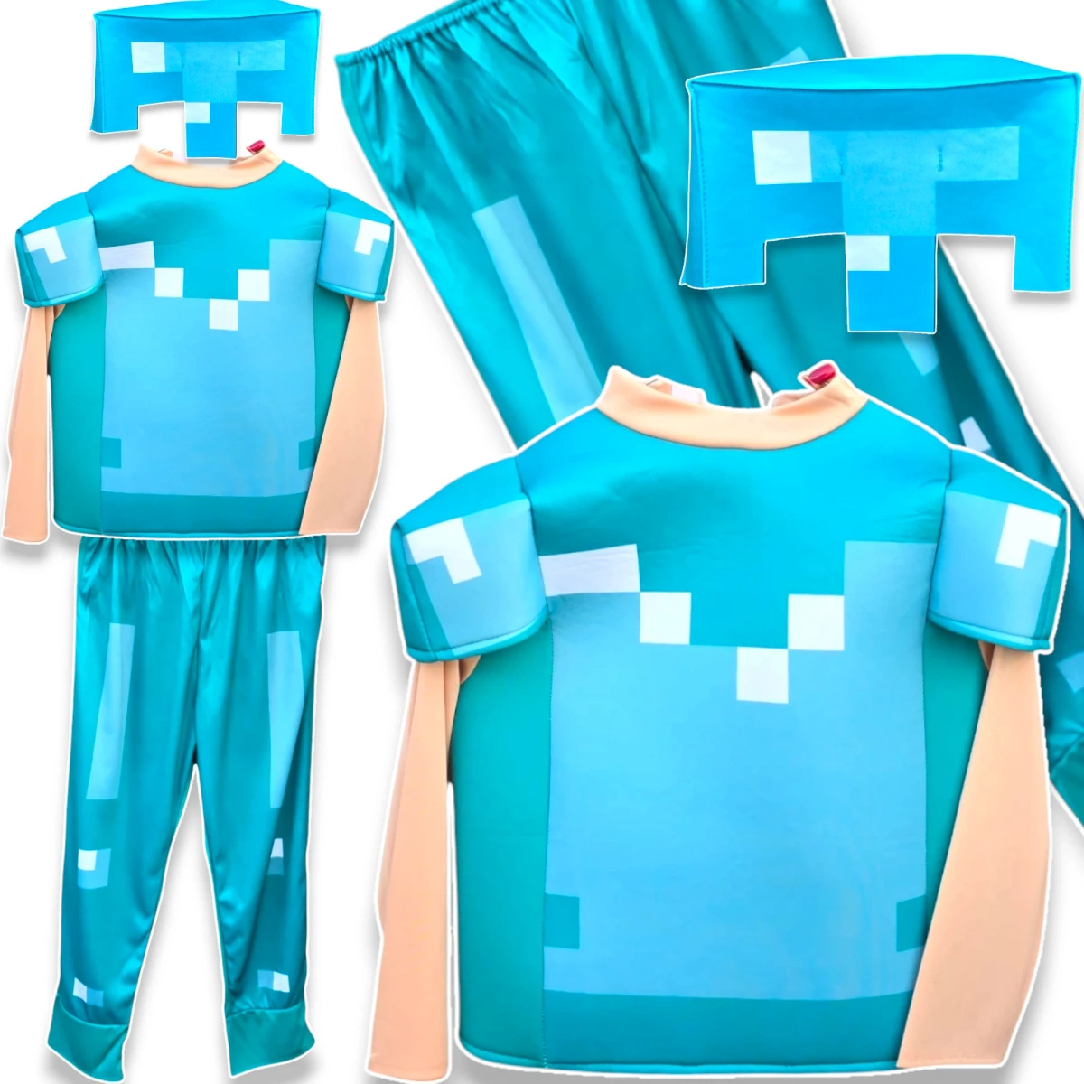 MINECRAFT – STRÓJ DLA DZIECKA DIAMENTOWY STEVE ROZMIAR L (130-140) KOSTIUM NA BAL DLA CHŁOPCA GADŻETY DLA GRACZY